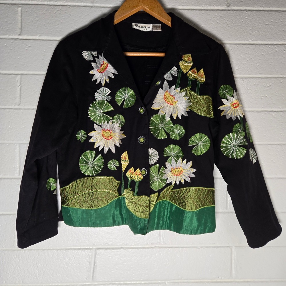 Vtg Raviya Embroidered Water Lily Jacket Large Black Floral Beaded Art to‎ Wear